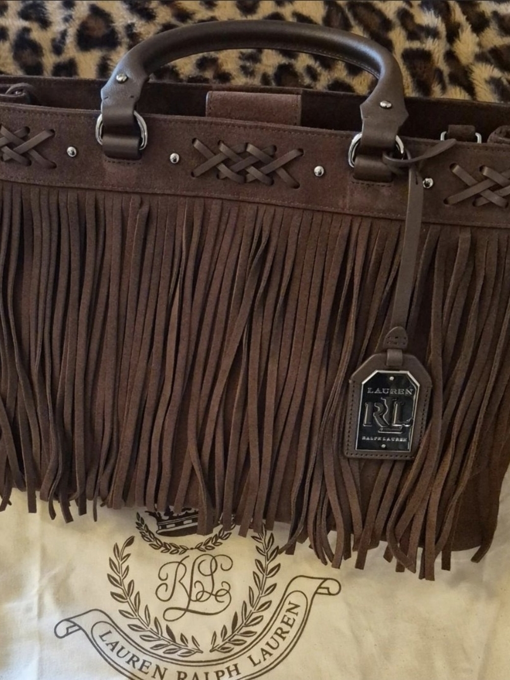 Lauren Ralph Lauren Brown Suede Fringe Tote with Braided Trim